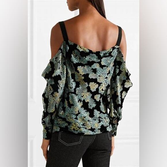 Saloni Becky Green & Black Silk Cold Shoulder Long Sleeve Floral Blouse Size 2 - Picture 1 of 11